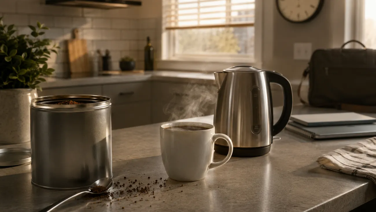 An open generic instant coffee tin with scattered granules, a kettle and a mug of steaming black coffee on a kitchen bench in morning light.